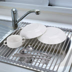 Roll Up Dish Drying Rack Over The Sink 17.7"(L) x 15.6"(W), Multipurpose Foldable Stainless Steel Kitchen Rollable Drainer Rack, Gray