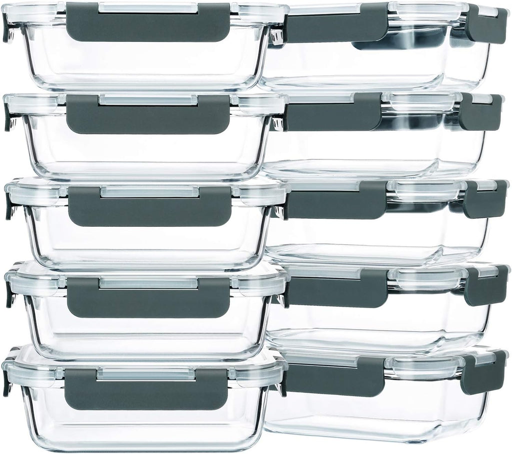 M MCIRCO 10-Pack,22 Oz Glass Meal Prep Containers,Glass Food Storage Containers with lids,Lunch Containers,Microwave, Oven, Freezer and Dishwasher (Gray)