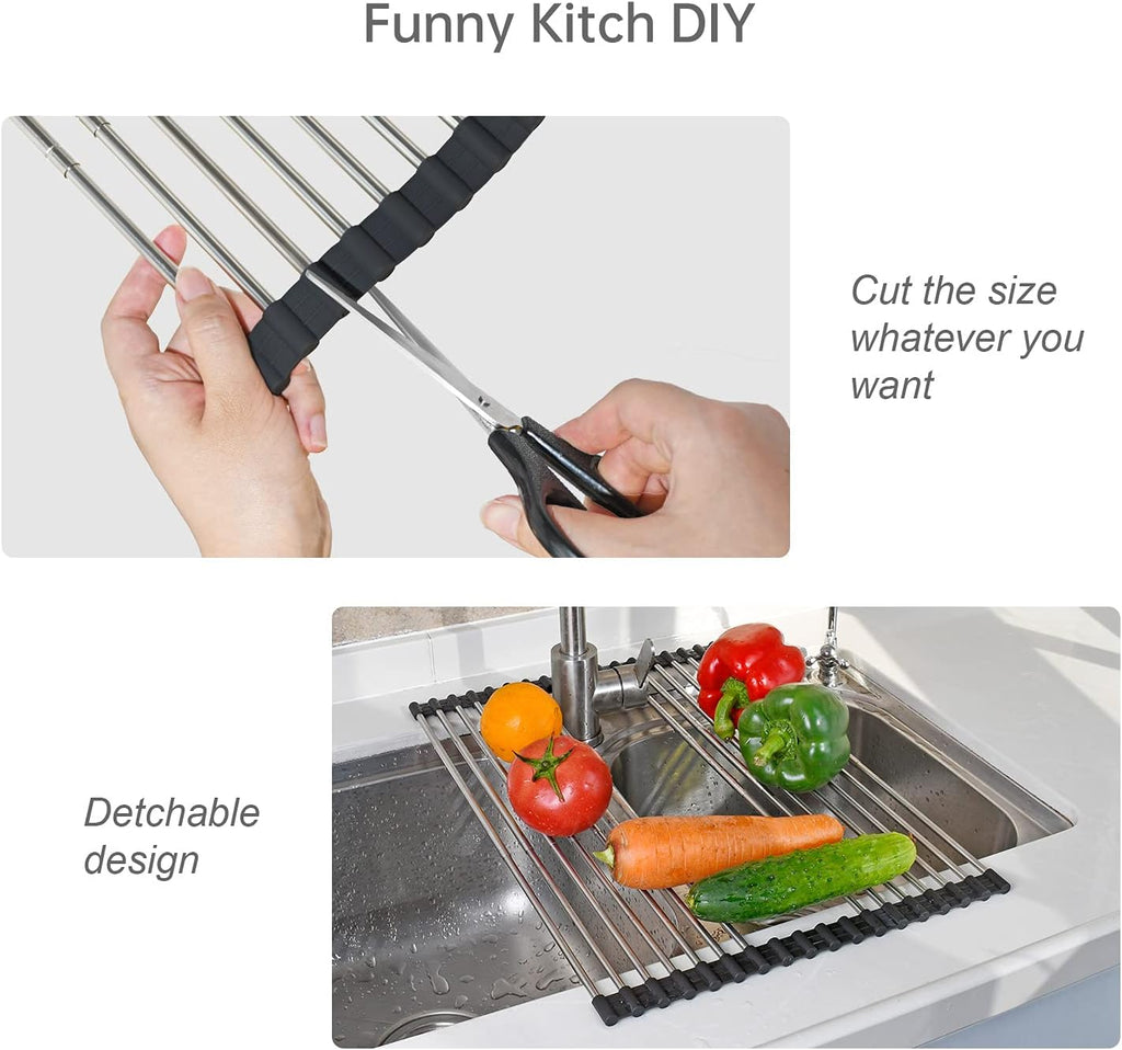 Large Telescopic Drain Rack Roll Up Rack Heat-Resistant Dish Drainer Kitchen Sink Rack Over The Sink Dish Drying Rack Stainless Steel Dish Rack (18 Tube 21.25''x12.79'')