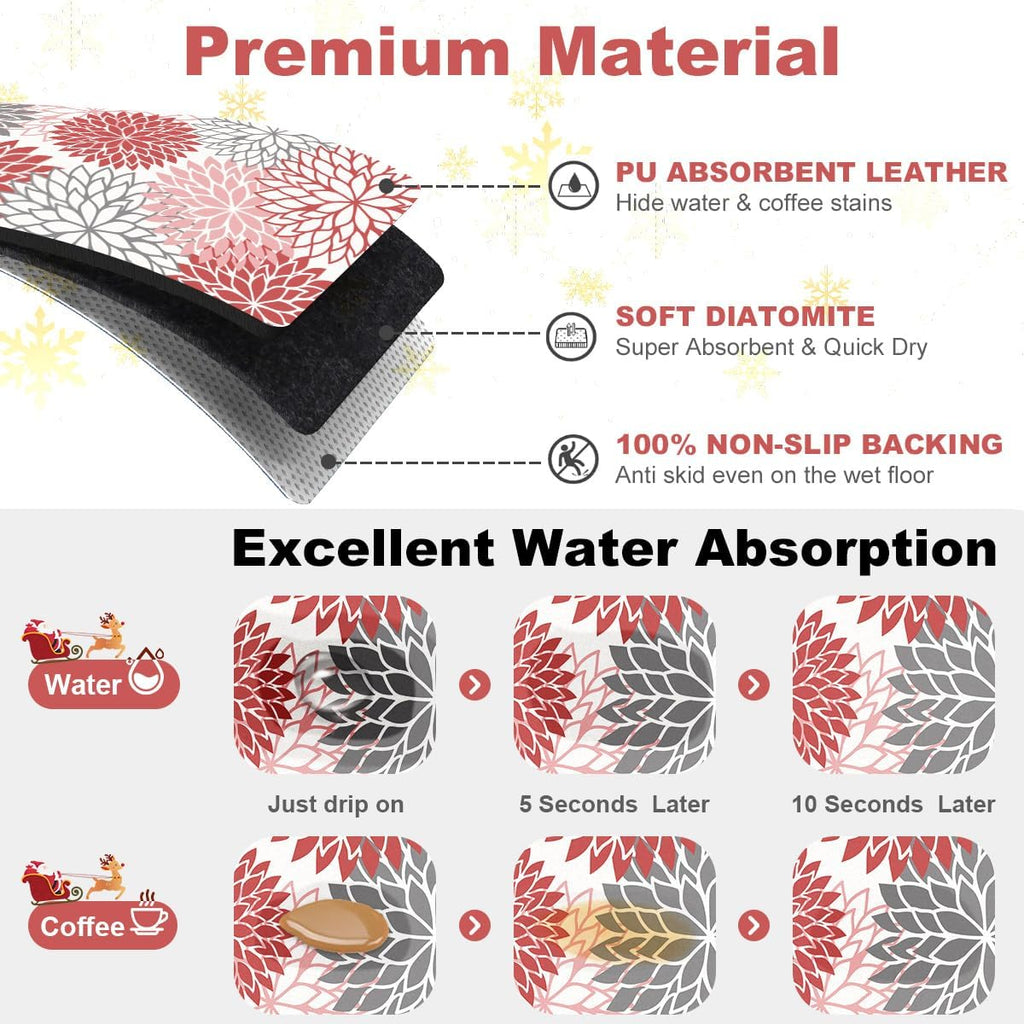 Findosom 2PCS 16" x 24" Dish Drying Mat & 24" x 5.5" Sink Splash Guard, Super Absorbent & Cuttable Dish Mat Drying Kitchen Mat with Red Floral, Hide Stain Drying Mat for Kitchen Counter
