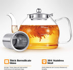 STNTUS Glass Teapot, 40 oz. / 1200 ml for Loose Tea, With Infuser and Stainless Steel Strainer, Stovetop Safe, 4-6 Cups