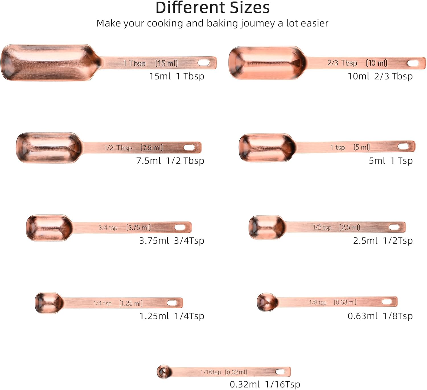 Smithcraft Copper Measuring Spoons Set 10, Stainless Steel Measuring Spoons with Leveler, Metric & US Metal Measuring Spoons fro Baking & Kitchen, Dry&Liquid Long Handle Measruing Spoons for Spice Jar