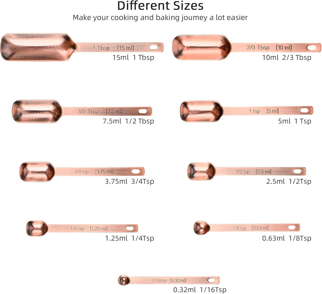 Copper Measuring Spoons Set, 10-Piece Stainless Steel Measuring Spoons Set with Leveler, Metric&US Metal Measuring Spoon -1/16, 1/8, 1/4, 1/3, 1/2, 3/4 Tsp, 2/3 Tbsp Long Spoons for Spice Jar