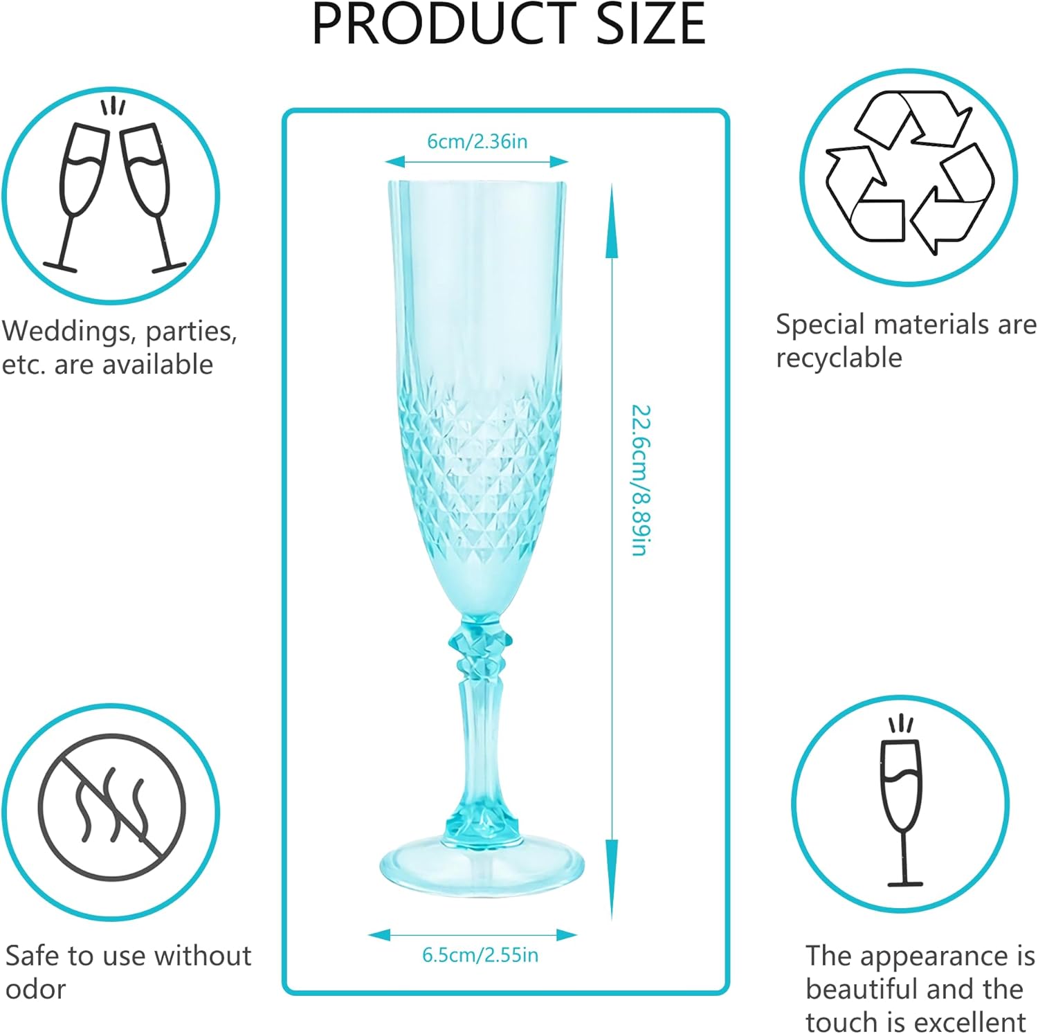 Plastic Champagne Flutes, 12PCS Light Cyan Wine Glasses Goblets Reusable Champagne Flute for Weddings, Bachelor Parties, Toasting, and Events(12,Light Cyan)