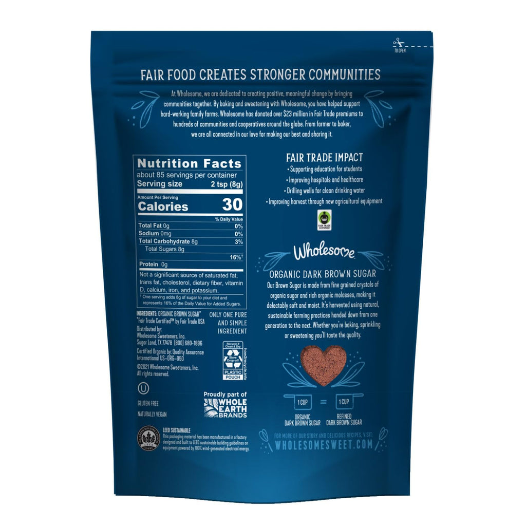 Wholesome Sweeteners 24-Ounce Organic Dark Brown Sugar, Fair Trade, Non GMO, Gluten Free & Vegan, Sugar for Baking and Glazing, 1 Pack