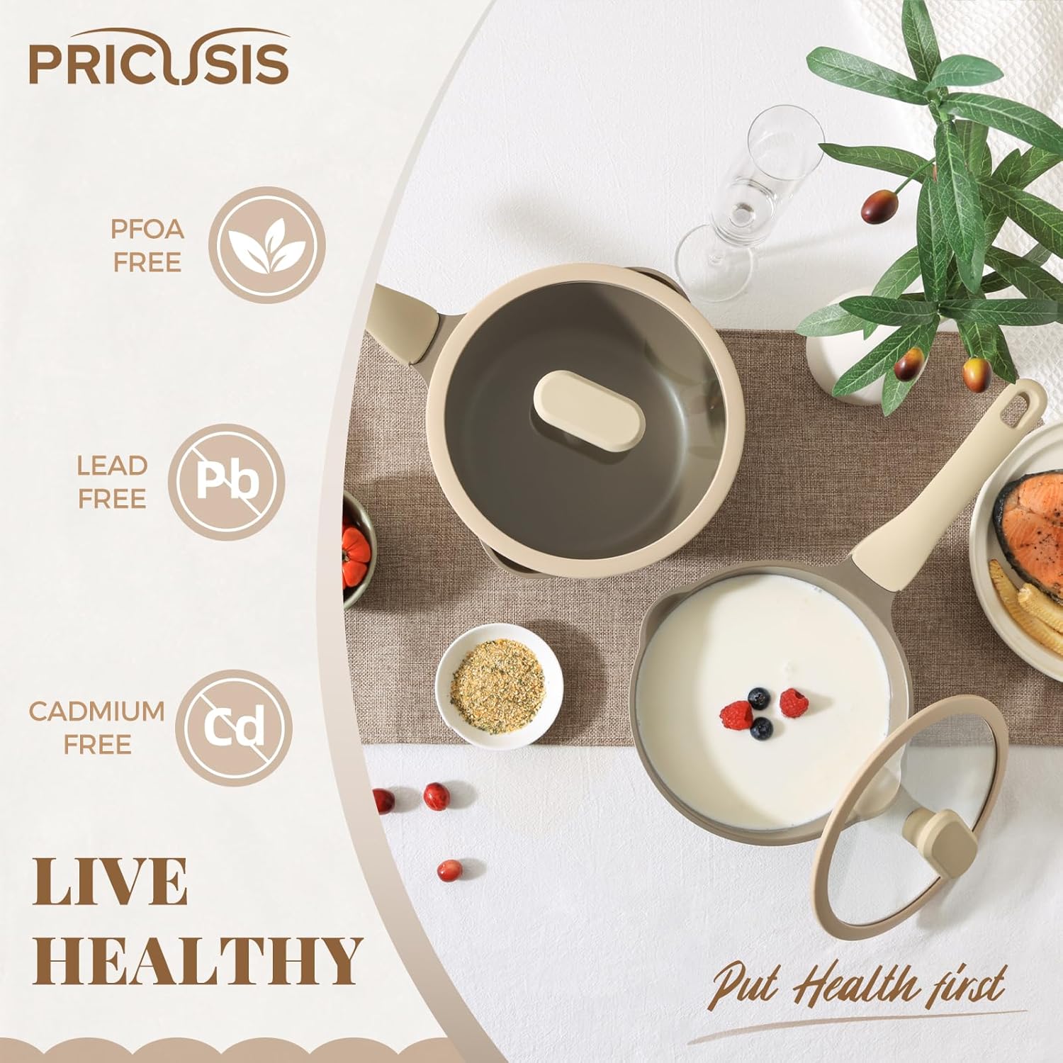 Nonstick Saucepan with Lid, 2.7 Quart Sauce Pan, Healthy Sauce Pot with Pour Spouts for Multipurpose Use, PFOA Free, Induction Compatible, Apricot