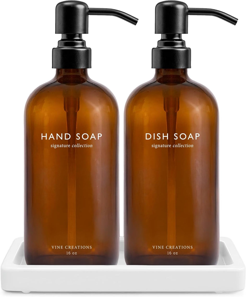 Vine Creations Amber Glass Soap Dispenser Set, Kitchen Soap Dispenser Set with Ceramic Tray, 16 oz Dish Soap and Hand Soap Dispensers with Stainless Steel Pump Decor (Amber Bottle/Matte Black)