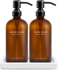 Vine Creations Amber Glass Soap Dispenser Set, Kitchen Soap Dispenser Set with Ceramic Tray, 16 oz Dish Soap and Hand Soap Dispensers with Stainless Steel Pump Decor (Amber Bottle/Matte Black)