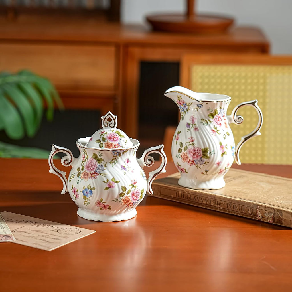Sugar and Creamer Set Ceramic, Creamer Pitcher and Sugar Bowl with Lid, Creamer Pitcher with Handle,Sugar Cube Dish Coffee or Tea (White with small flowers)