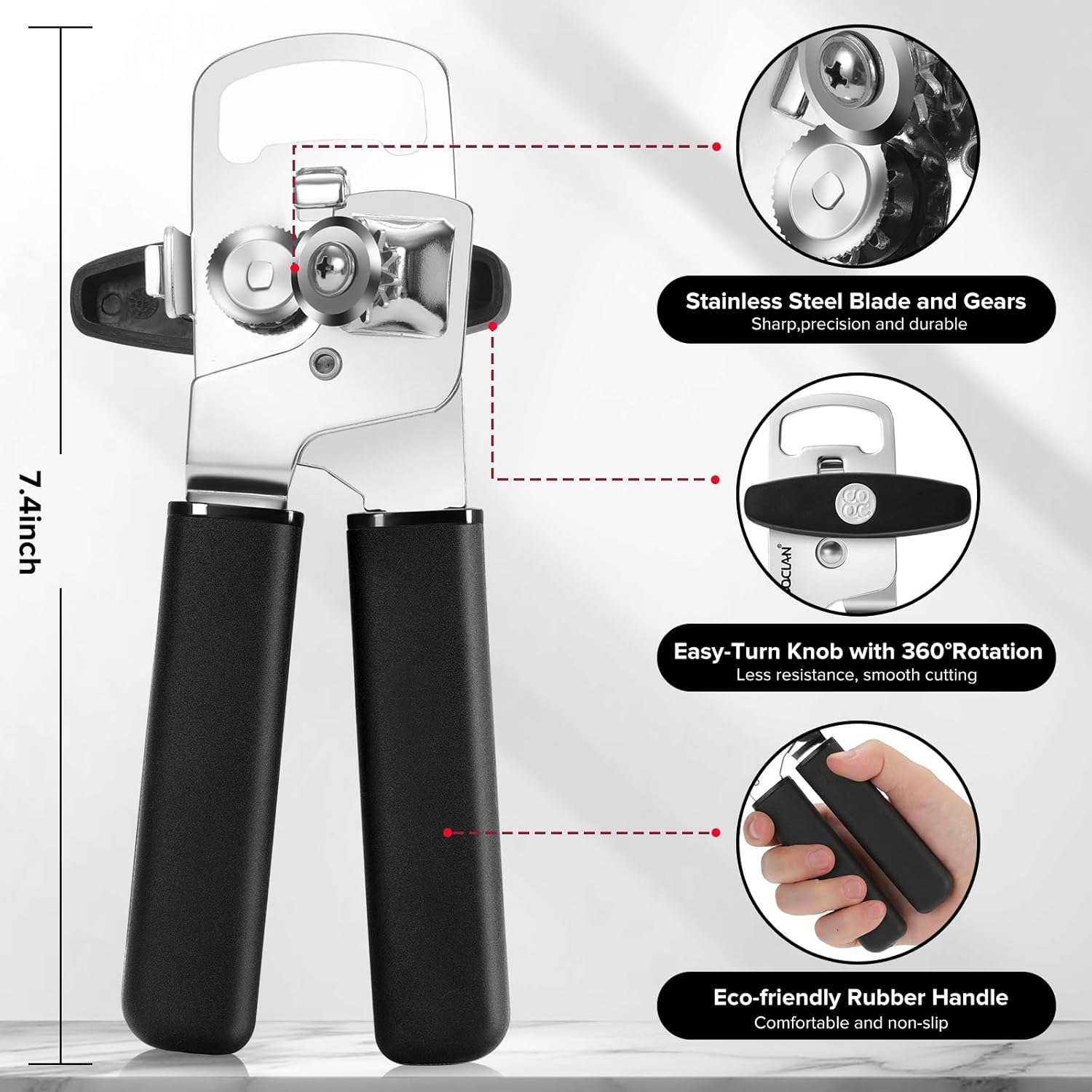Can Opener Manual w/Magnet - Heavy Duty Hand Held Can Openers & Bottle Opener, Sharp Blade, Smooth Edge on Cans, Soft Grip Rubber Handle, Effortless Turn Knob for Seniors and Arthritis, Black
