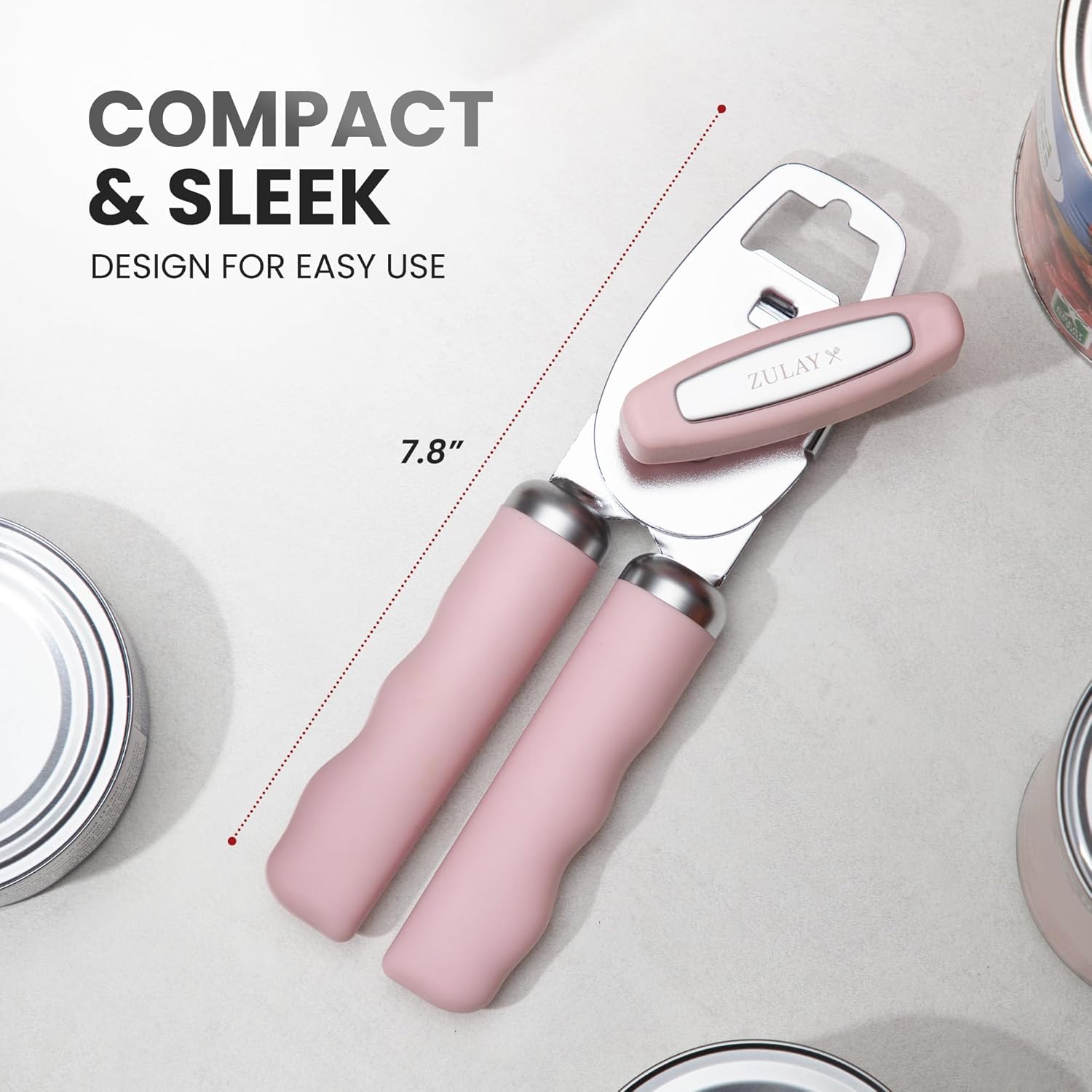 Zulay Kitchen Heavy Duty Stainless Steel Can Opener Manual with Bottle Opener - Rust Proof Manual Can Opener With Turn Knob & Comfy Soft Grip Handles - Light Pink