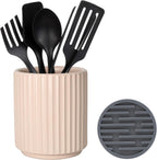 Kitchen Holder for Cooking Utensils, Kitchen Crocks for Storing Utensils (H5.51” x W4.92”), Flatware & Utensil Storage Spoon Stand Ceramic, Includes Silicone Drying Mat Milk Tea Color