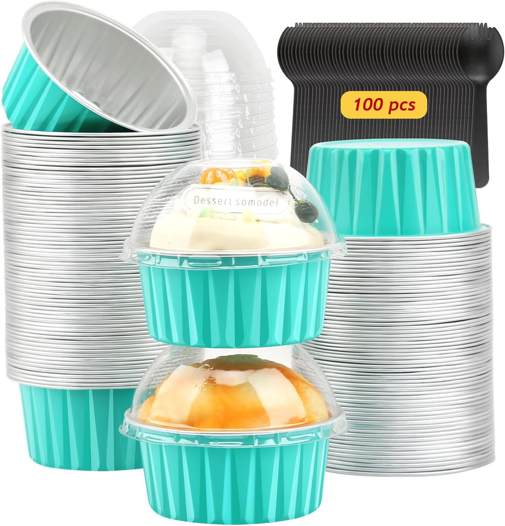 Cupcake Pans with Dome Lids 100 Pack,LNYZQUS 5oz Mini Aluminum Baking Pans Cupcake Cups Muffin Tin,Disposable Ramekins Mini Cake Pans Cupcake Containers Holders -Cyan Blue