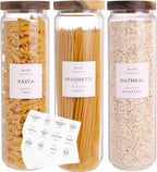 3 Set Glass Pantry Storage Jars with Acacia Airtight Lid - 50oz Thicken Glass Kitchen Canisters with 132 Pantry Labels - Tall Food Storage Containers with Wood Lid for Pasta,Spaghetti,Cereal