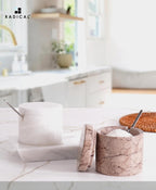 Radicaln Marble Salt Cellar With Lid and Tray 3" Inch White and Marinara Salt Container and Set of 2 Seasoning Jars For Living Room, Ideal Salt Bowl for Countertop