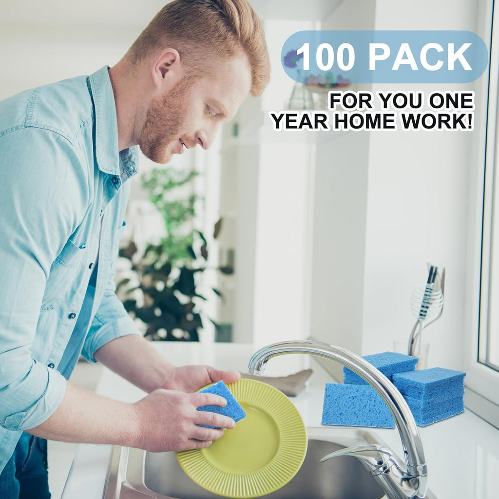 Zhengmy 100 Pieces Kitchen Sponge Bulk Natural Sponges for Dishes Compressed Wood Pulp Sponges Cleaning Sponge Without Scratching for Kitchen Bathroom, 3.9 x 2.4 x 0.12 Inch (Blue)