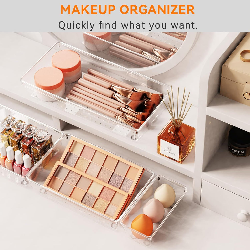 Criusia 21 Pack Large Clear Plastic Drawer Organizer Trays | BPA-Free Acrylic Organizer Bins for Large Kitchen Utensils, Bathroom, Makeup, Jewelries, Office Desk, School Supplies, Perfume