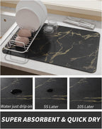 AMOAMI Coffee Mat - Hide Stain Rubber Backed Absorbent Dish Drying Mat for Kitchen Counter - Black & Gold