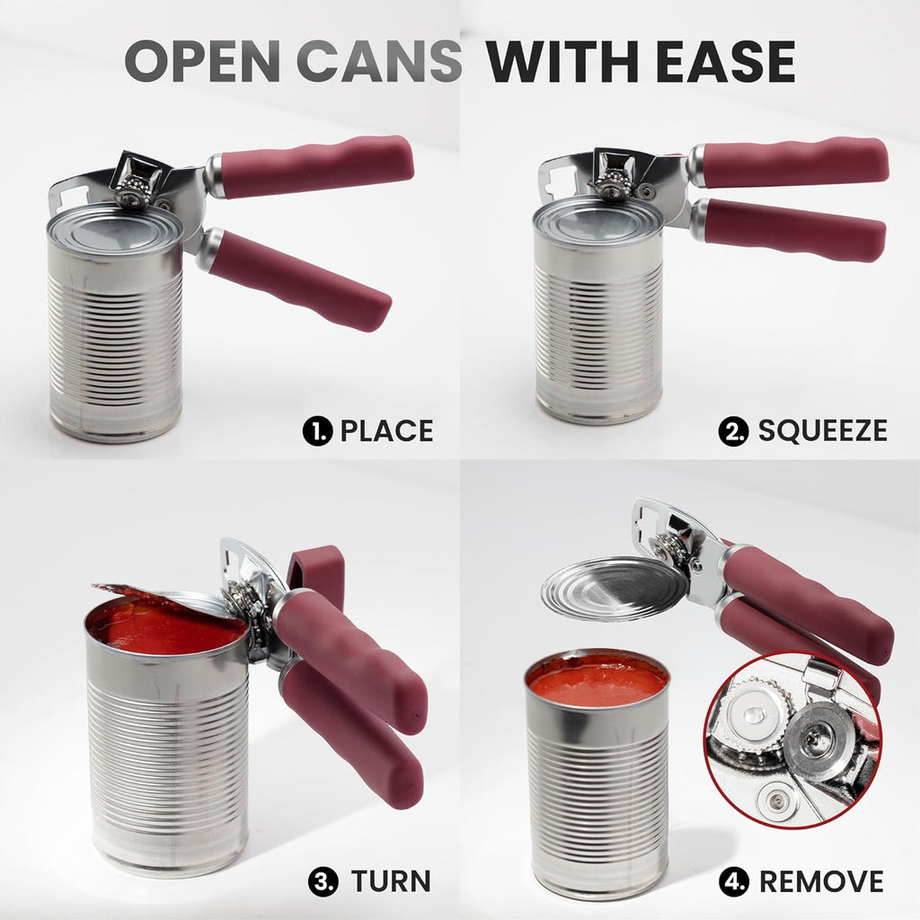 Zulay Kitchen Heavy Duty Stainless Steel Can Opener Manual with Bottle Opener - Rust Proof Manual Can Opener With Turn Knob & Comfy Soft Grip Handles - Deep Red