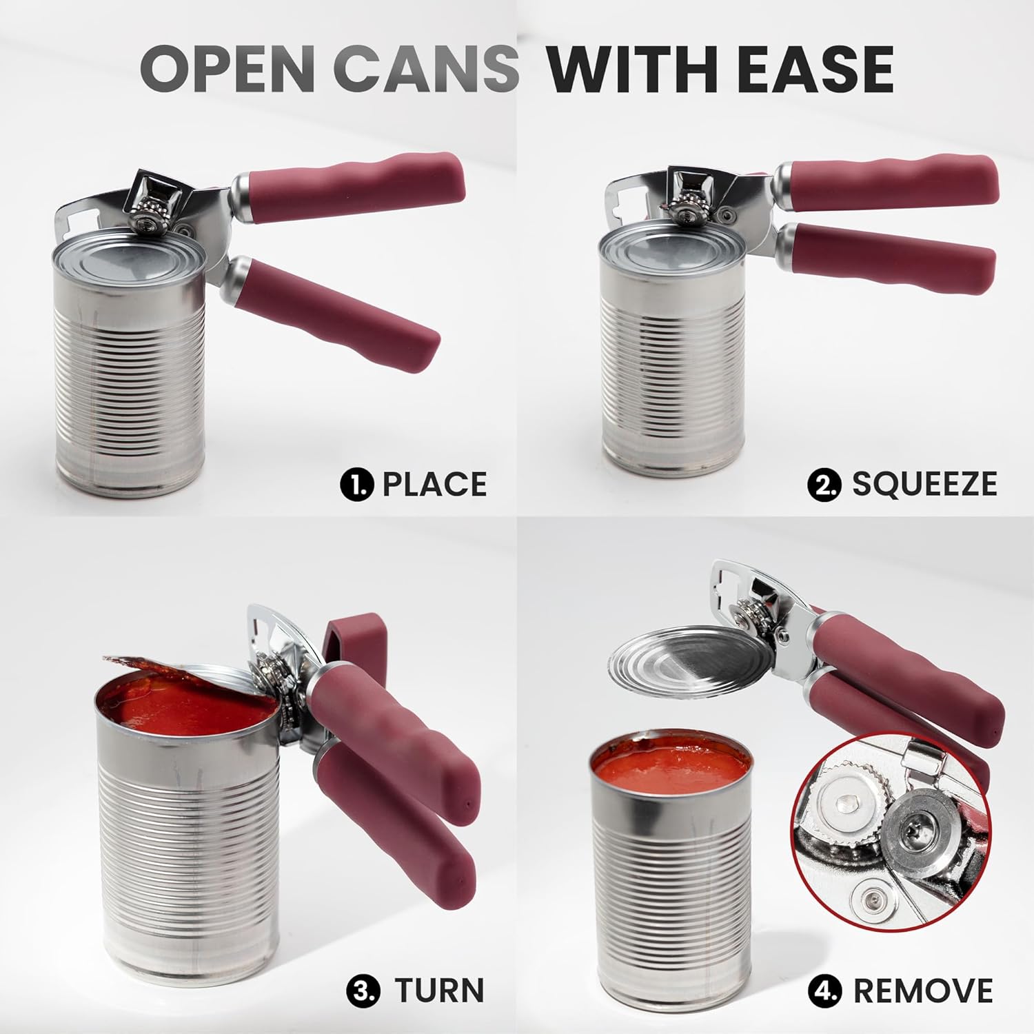 Zulay Kitchen Heavy Duty Stainless Steel Can Opener Manual with Bottle Opener - Rust Proof Manual Can Opener With Turn Knob & Comfy Soft Grip Handles - Deep Red
