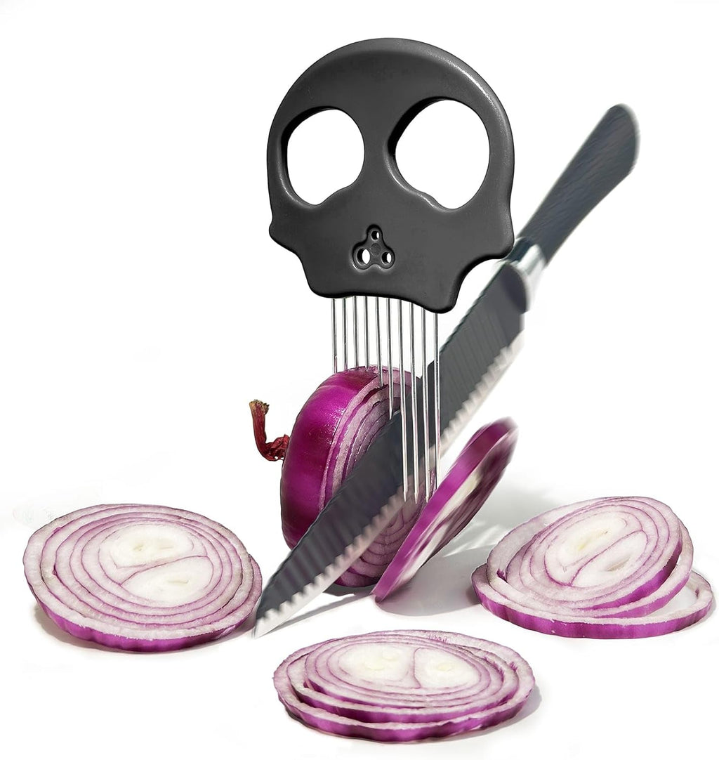 Stainless Steel Onion Cutter & Egg Slicer – Multi-Function Vegetable Cutter and Herb Stripper for Avocados, Tomatoes, and Potatoes (Obsidian)