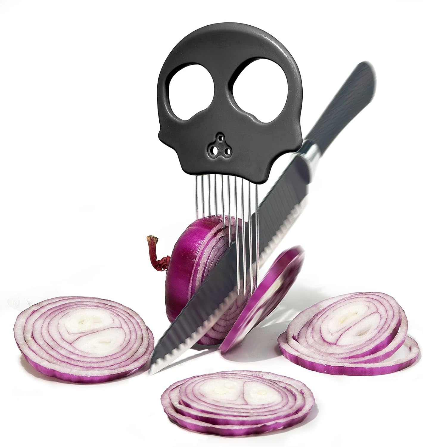 Stainless Steel Onion Cutter & Egg Slicer – Multi-Function Vegetable Cutter and Herb Stripper for Avocados, Tomatoes, and Potatoes (Obsidian)