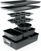 NutriChef 8-Piece Nonstick Stackable Bakeware Set - PFOA, PFOS, PTFE Free Baking Tray Set w/Non-Stick Coating, 450°F Oven Safe, Round Cake, Loaf, Muffin, Wide/Square Pans, Cookie Sheet (Gray)