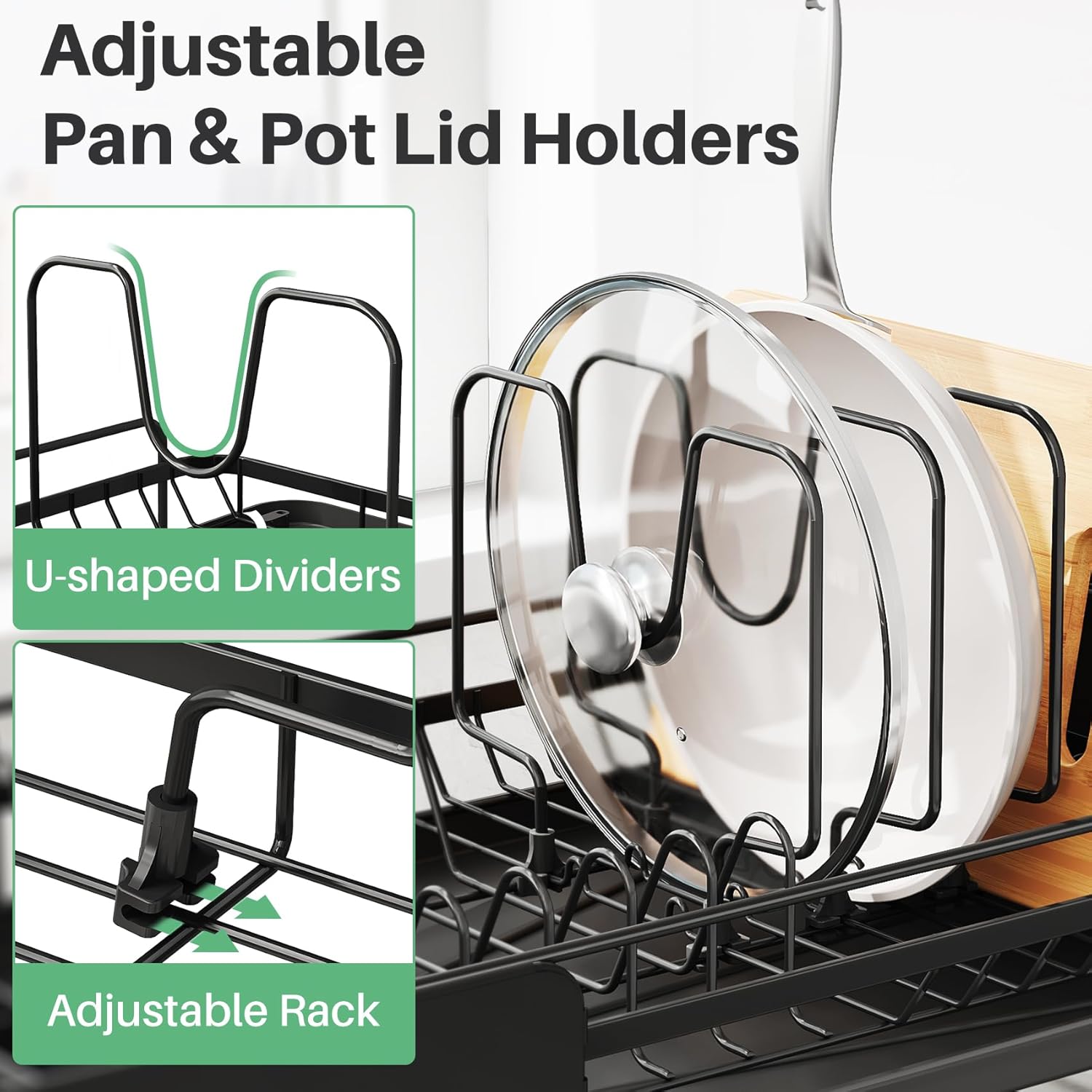 Large Dish Drying Rack - Expandable (19.3" to 29.4") Dish Rack for Kitchen Counter, Stainless Steel Dish Drainer with Utensil Holder, Pan Holder & Pot Lid Holder, Black