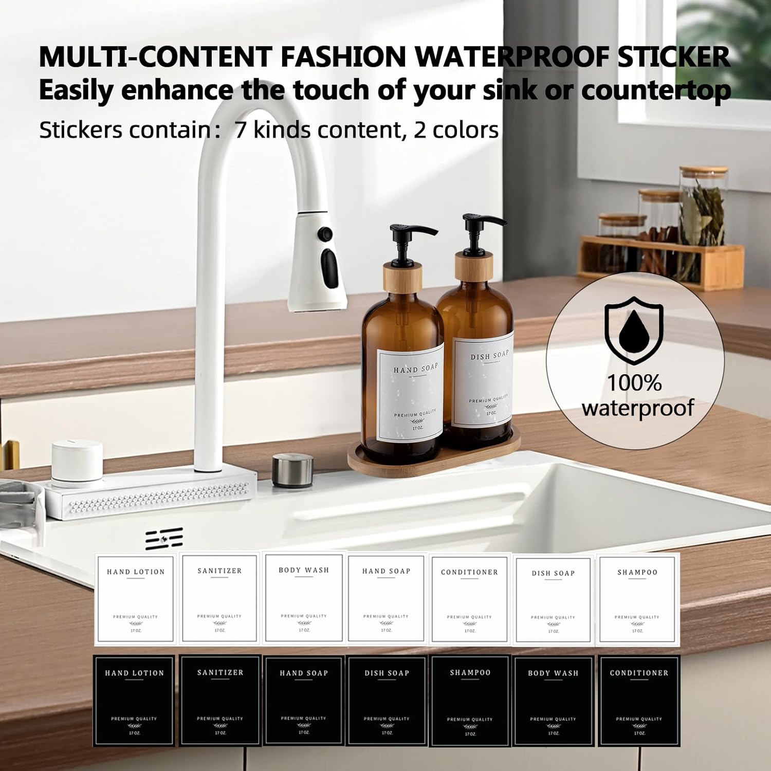 Amber Glass Soap Dispenser - Dish Hand Soap Dispenser for Kitchen Set, Soap Lotion Dispenser Bathroom with Sturdy Pump and Tray, 14 Waterproof Labels,Refillable Dispenser-Amber