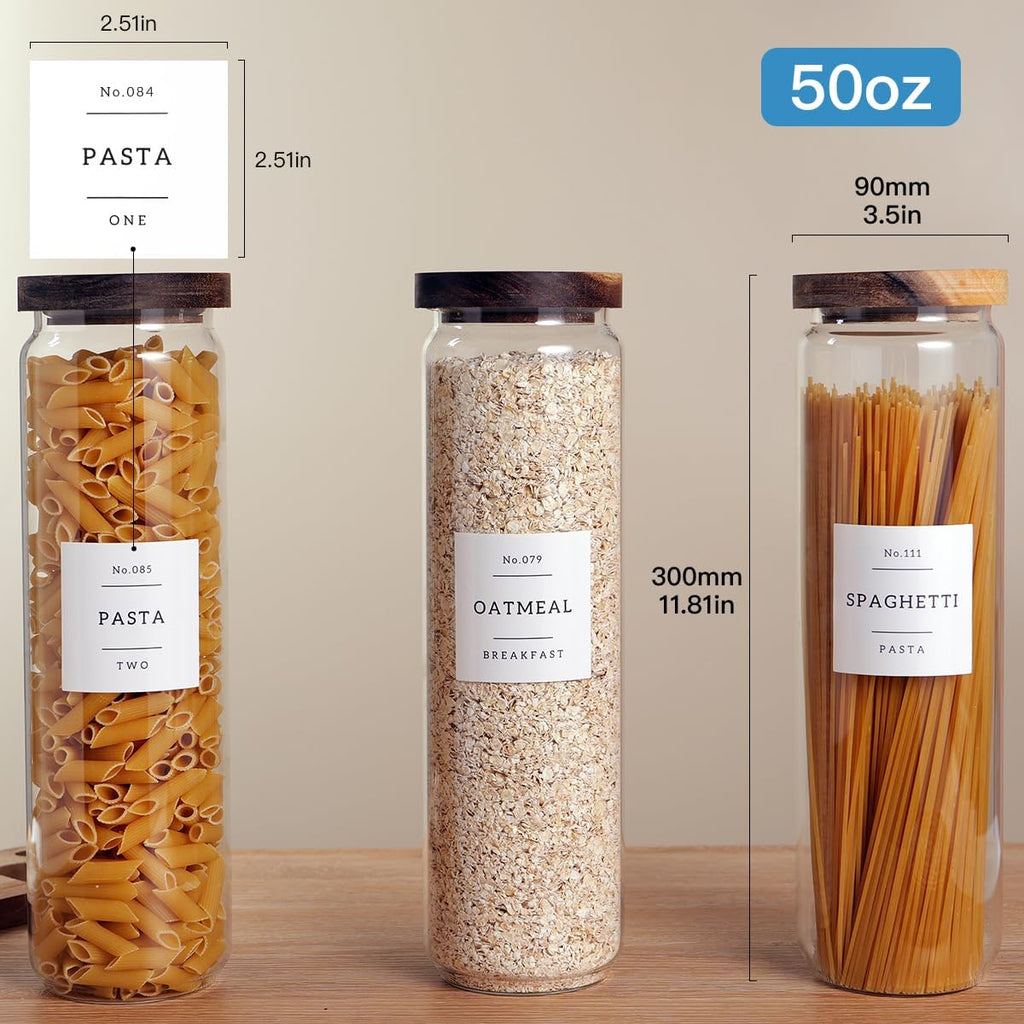 3 Set Glass Pantry Storage Jars with Acacia Airtight Lid - 50oz Thicken Glass Kitchen Canisters with 132 Pantry Labels - Tall Food Storage Containers with Wood Lid for Pasta,Spaghetti,Cereal