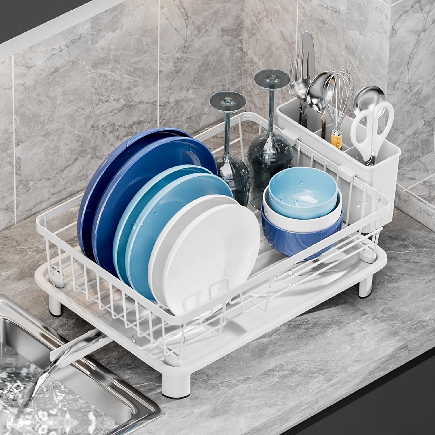 Dish Drying Rack, Space-Saving Dish Rack, Dish Racks for Kitchen Counter, Drying Rack Kitchen with Removable Utensil Holder, and Automatic Drainage Drainboard, 11''W x 15''L, White