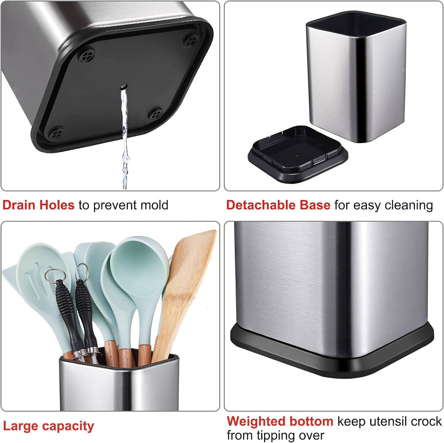 RedCall Stainless Steel Kitchen Utensil Holder for Countertop, Spoon Spatula Organizer,Modern Rectangular Large Cooking Utensil Caddy Counter,Utensil Crock Silver