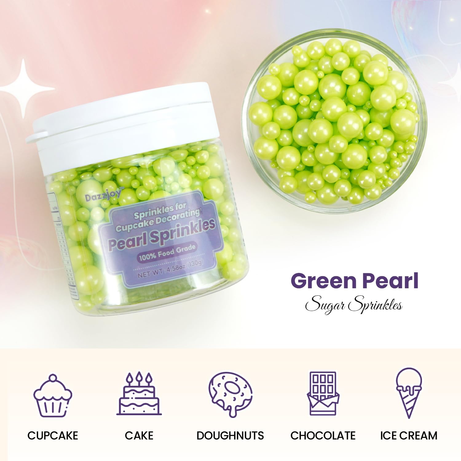 Dazzjoy Edible Green Pearl Sprinkles, Mix Size, 130g/4.58oz, Cupcake Toppers, Cake Decorations, Ice Cream, Easter, Wedding Party Valentines Easter Supplies