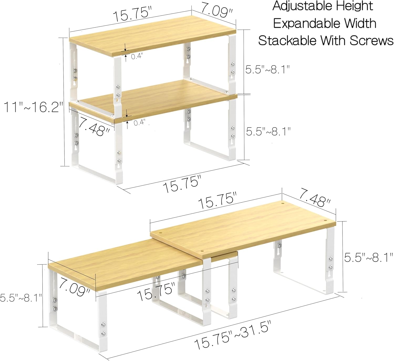 Expandable Kitchen Cabinet Organizer Shelves – Stackable Adjustable Metal and Wood Storage Racks for Countertop, Pantry, Garage Set of 2 Spice Rack – Easy Assembly, Space-Saving(2 Packs/Large/White)