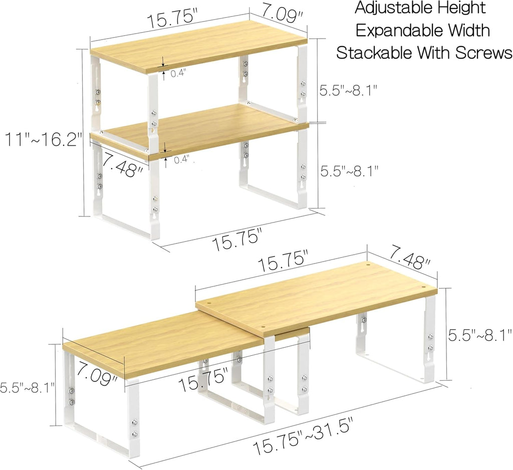 Expandable Kitchen Cabinet Organizer Shelves – Stackable Adjustable Metal and Wood Storage Racks for Countertop, Pantry, Garage Set of 2 Spice Rack – Easy Assembly, Space-Saving(1 Pack/Large/White)