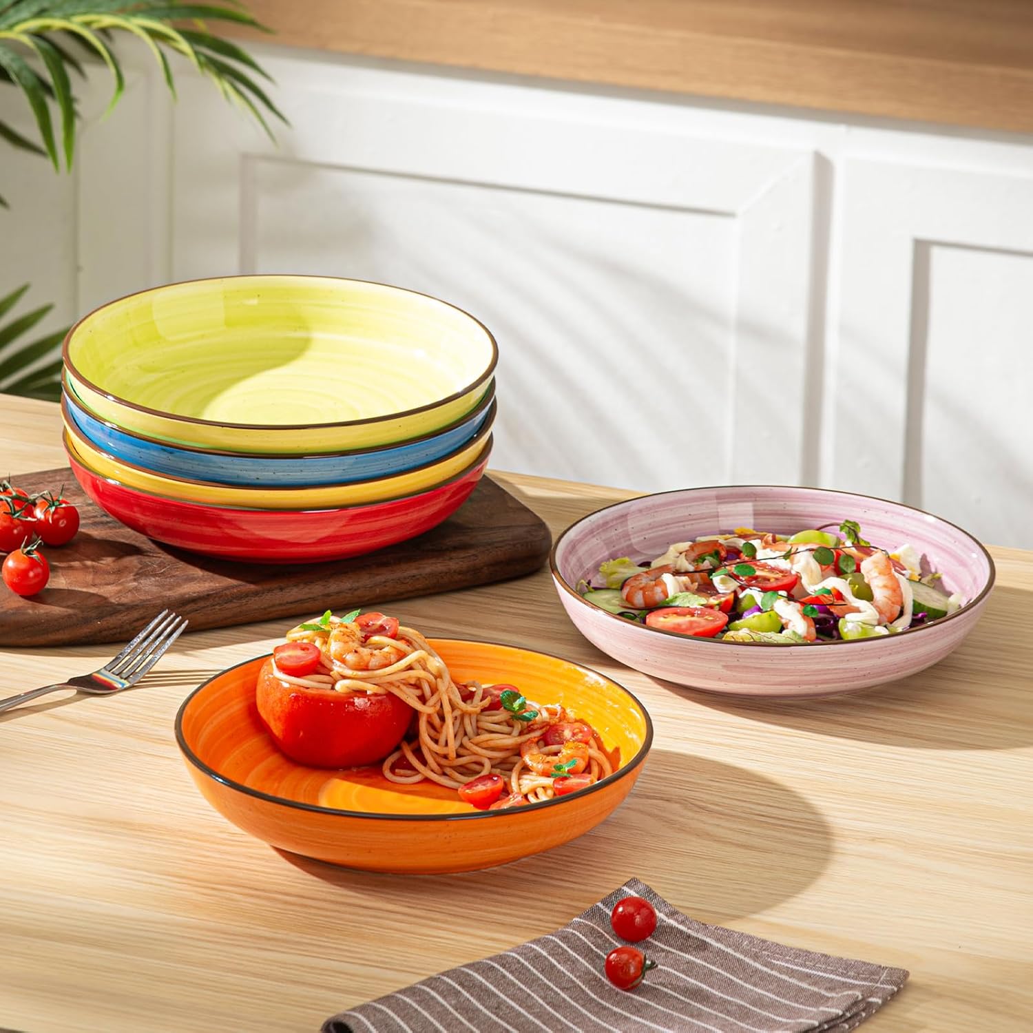 Y YHY Pasta Bowls Set of 6, 30 oz Ceramic Shallow Bowls, Serving Bowls Pasta Plates and Salad Bowls, Microwave & Dishwasher Safe Soup Bowls, Assorted Colors Christmas Day Gift
