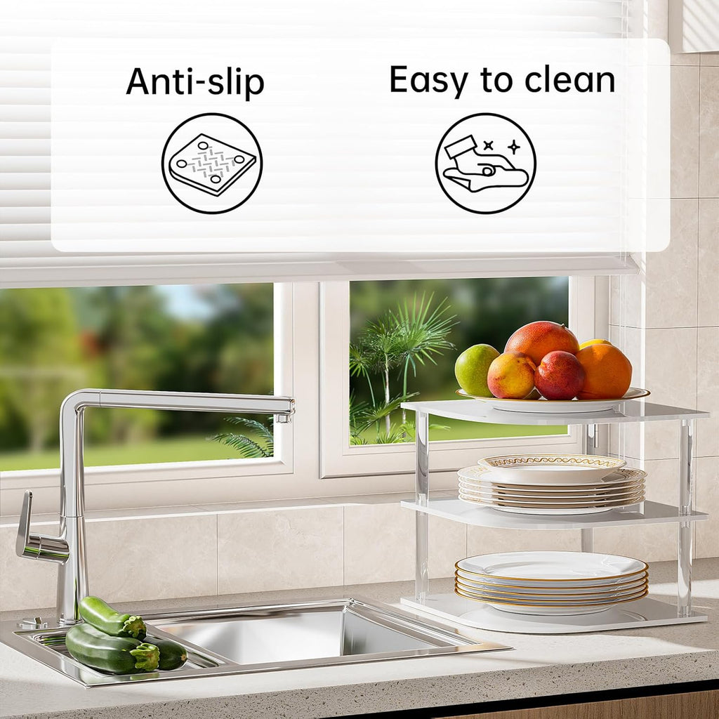 Plate Organizer for Cabinet Space Saver - Acrylic Corner Shelf for Dishes, Bowls, 3-Tier Kitchen Countertop Cabinet Organization, Dinner Plates Holder, and Small Shelf for Bathroom Storage - White