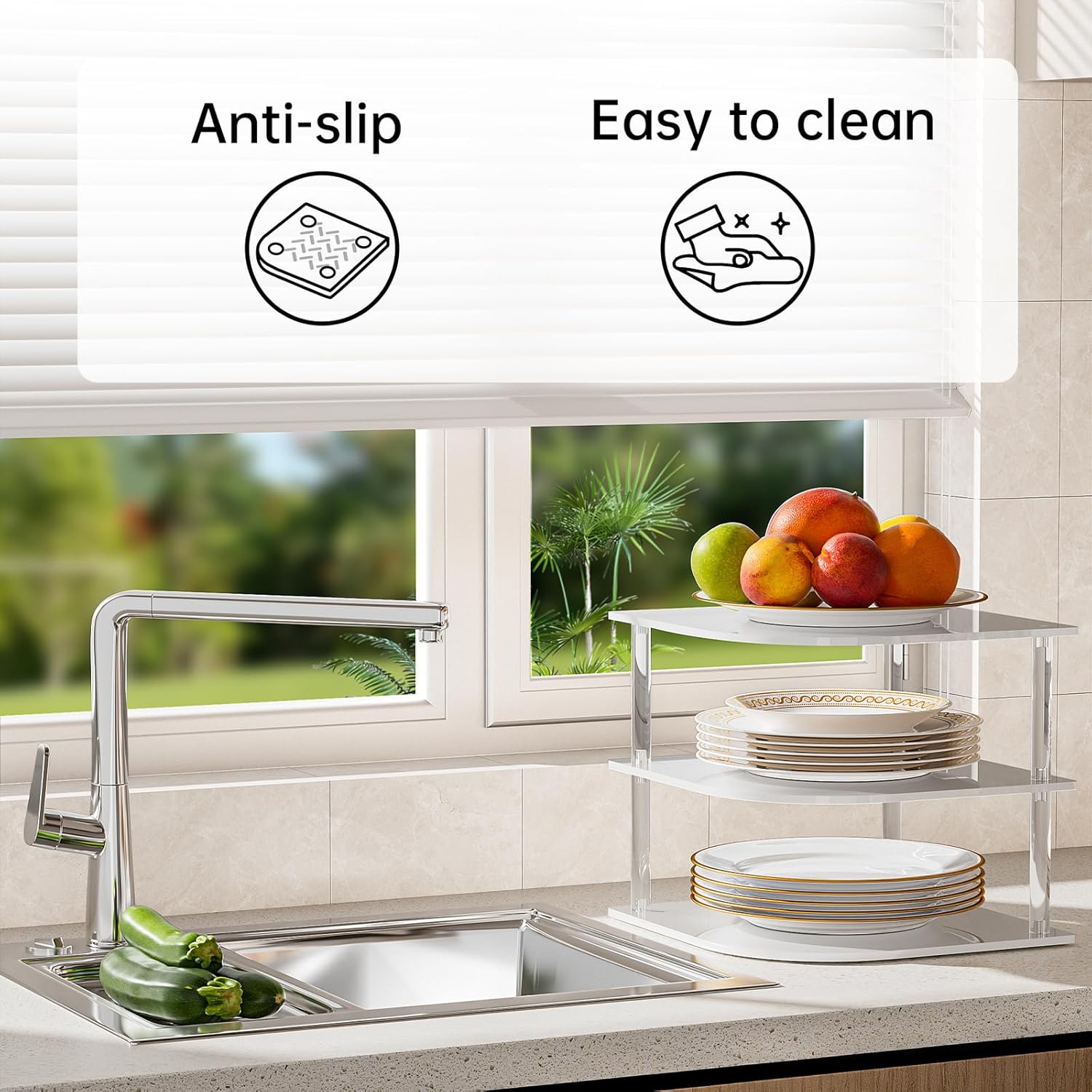 Plate Organizer for Cabinet Space Saver - Acrylic Corner Shelf for Dishes, Bowls, 3-Tier Kitchen Countertop Cabinet Organization, Dinner Plates Holder, and Small Shelf for Bathroom Storage - White
