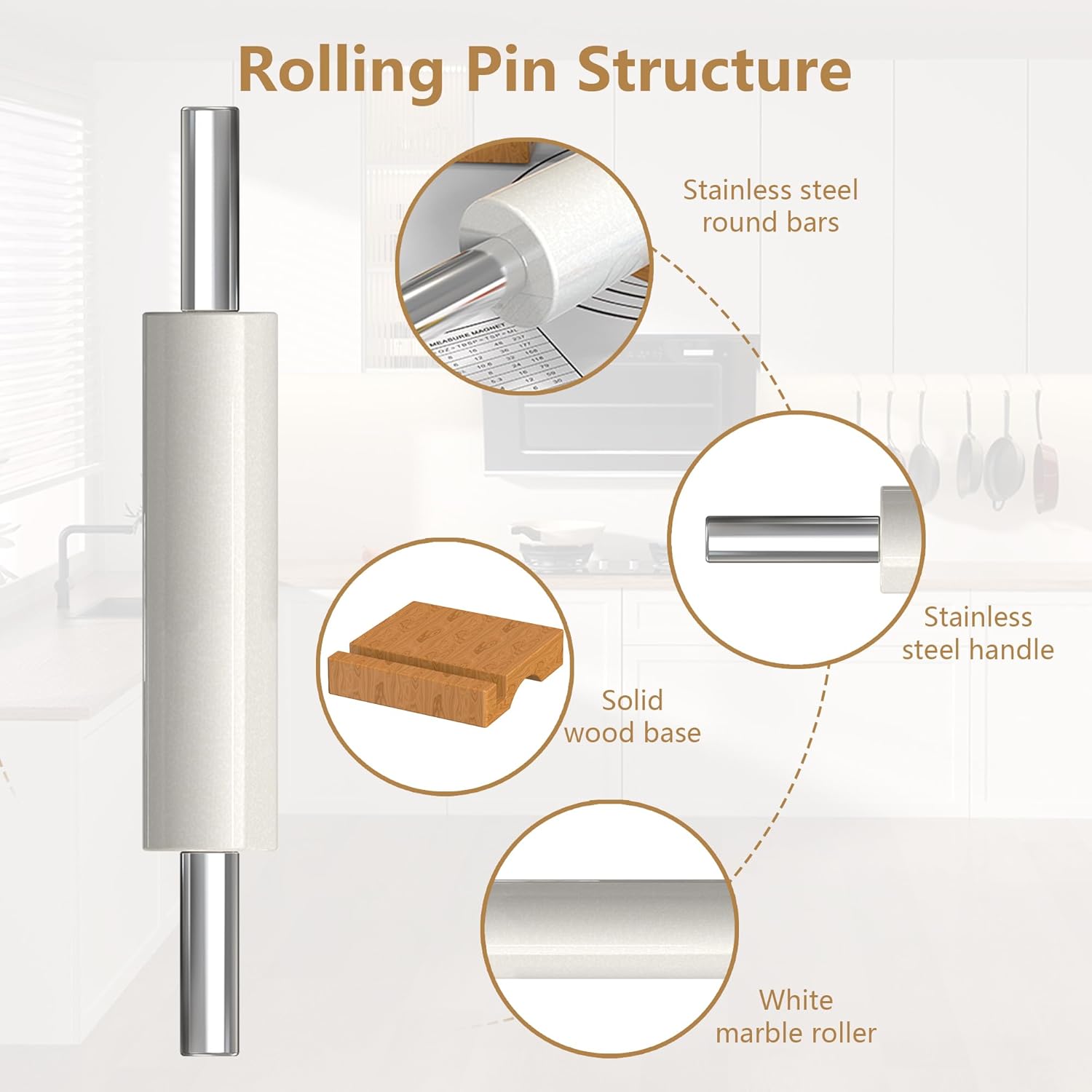 Marble Rolling Pin with Stainless Steel Handle for Baking,Fondant,Pizza,Cookie Crust,Pie,Cookies,Pastry, 18.5”(Includes handle) Marble Rolling Pin with 3 Multi-Color Thicknesses and Wood Stand