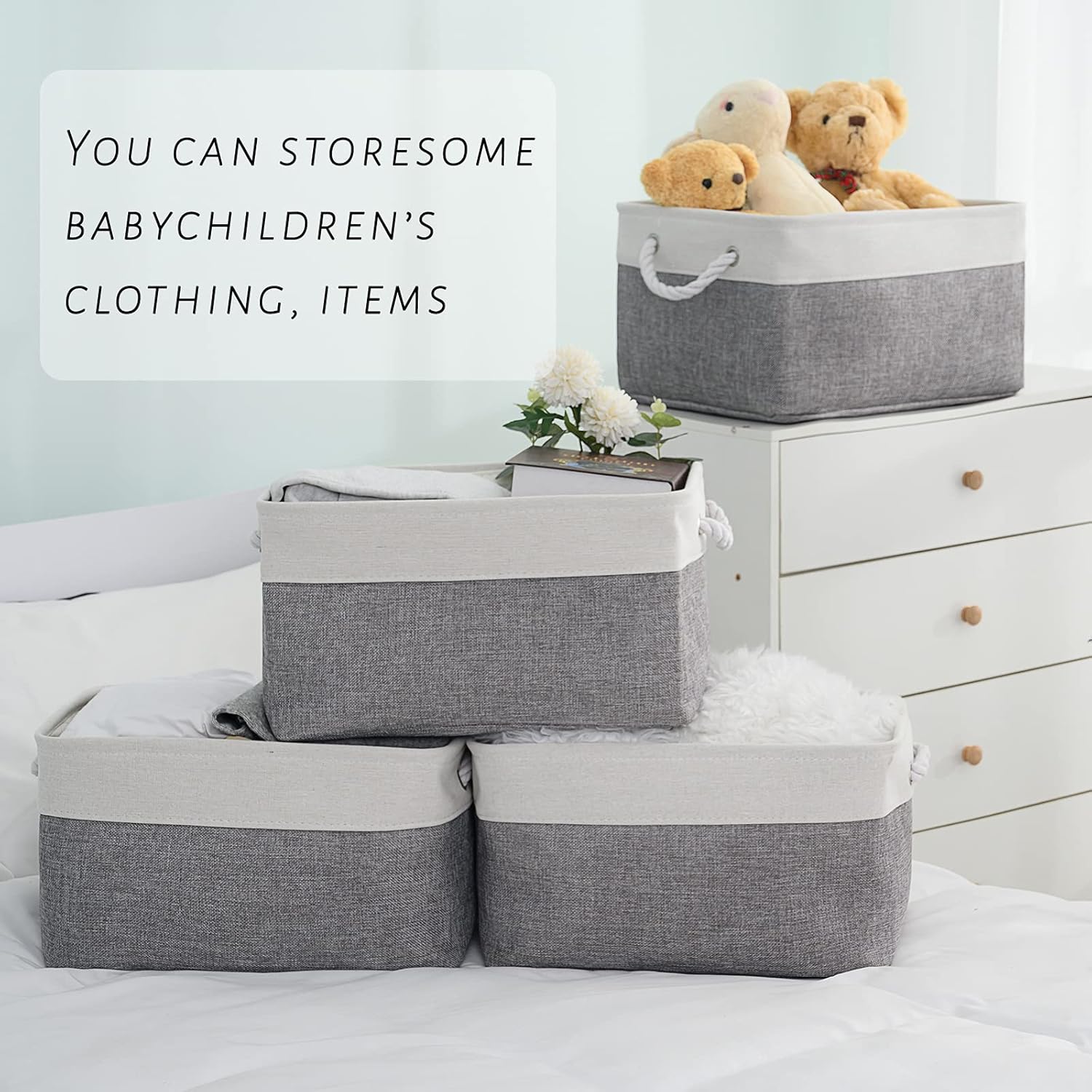 TcaFmac Collapsible Storage Bins for Organization - Large 3 Pack Canvas Storage Basket for Shelves, Organizer Baskets for Organizing for Closet Cloth Dog Toy Baby (White & Grey 16x12x8 inch)