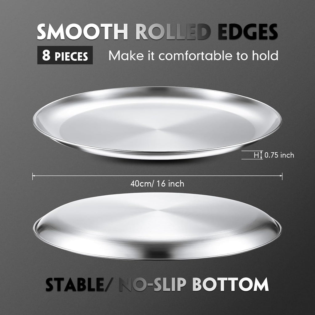 Thenshop 8 Pieces 16 Inch Pizza Pans Bulk Stainless Steel Sets Round Bakeware Pizza Trays for Oven Kitchen Baking Home Restaurant Safe Sturdy Reusable Easy Clean(Matte Silver)