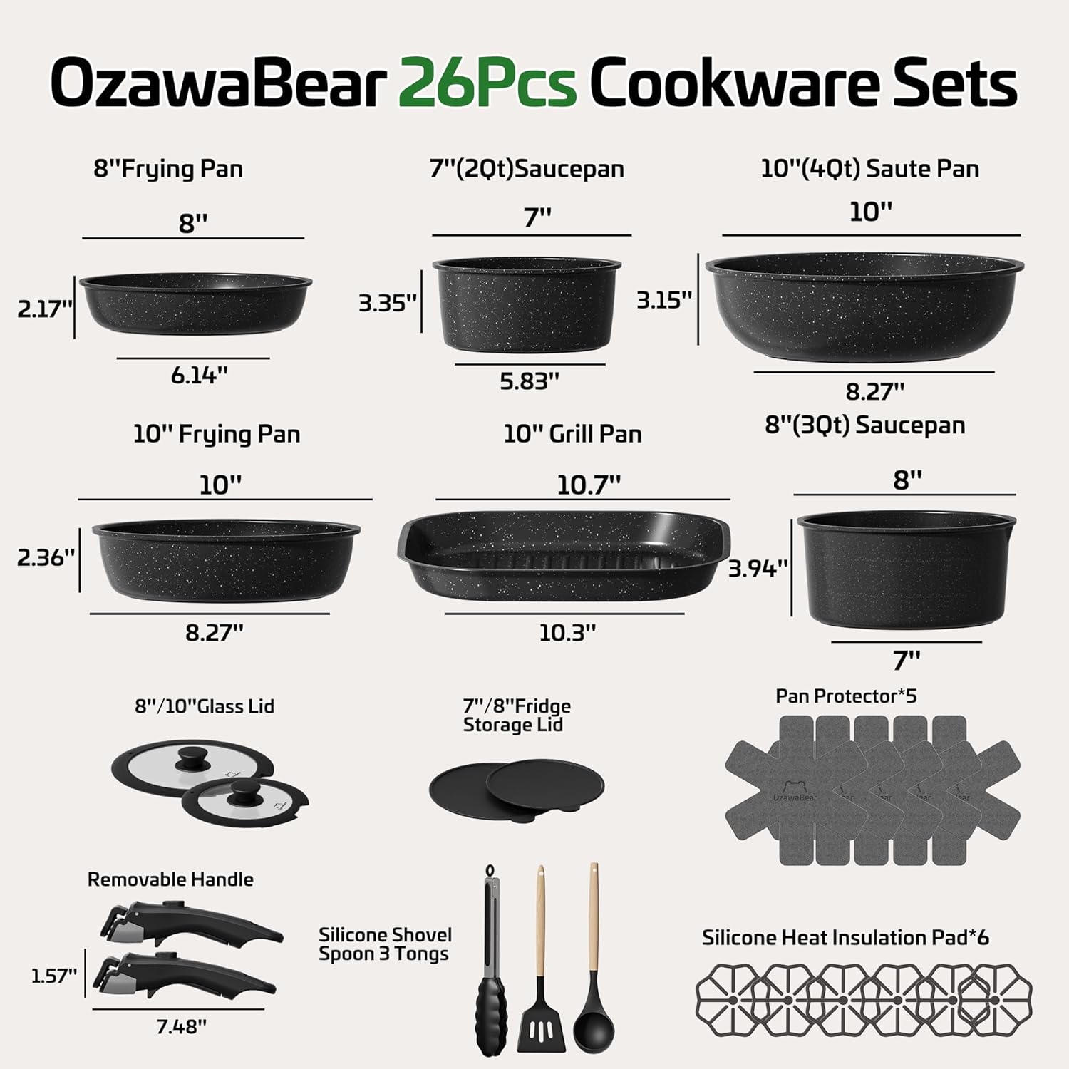 26 Pcs Pots and Pans Set Non Stick, Ceramic Cookware Set Non Toxic with Detachable Handles, Healthy Induction Cookware Dishwasher Oven Safe RV Kitchen Set, PFAS PFOA & PTFE Free, Black