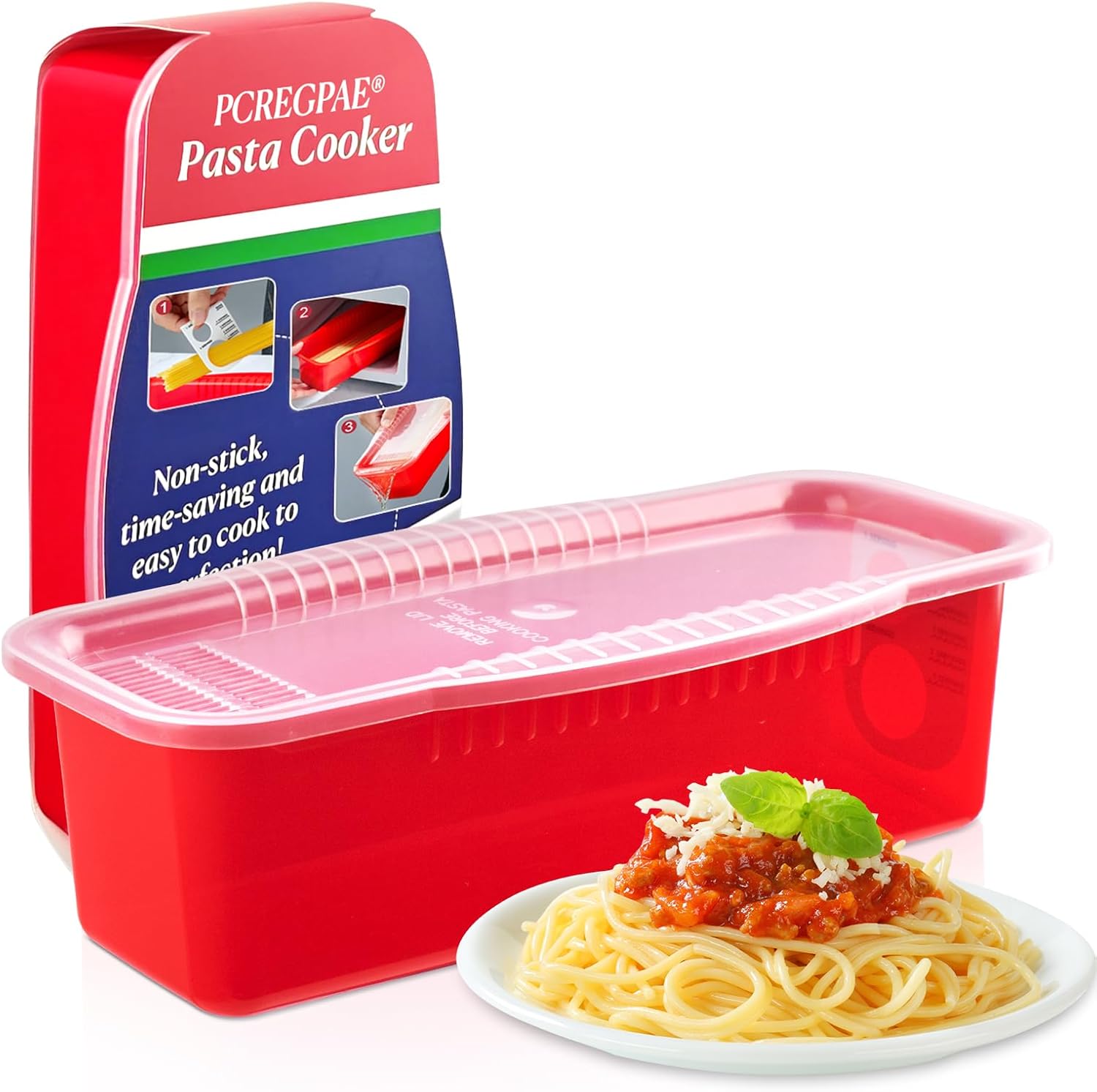 Microwave Pasta Pot with Strainer Lid & Measuring Cup Clip Quickly Cook 1-4 Servings-No Mess, Sticking or Waiting For Boil, Pasta Cooker in Microwave for Dorm Kitchen Office College Essential