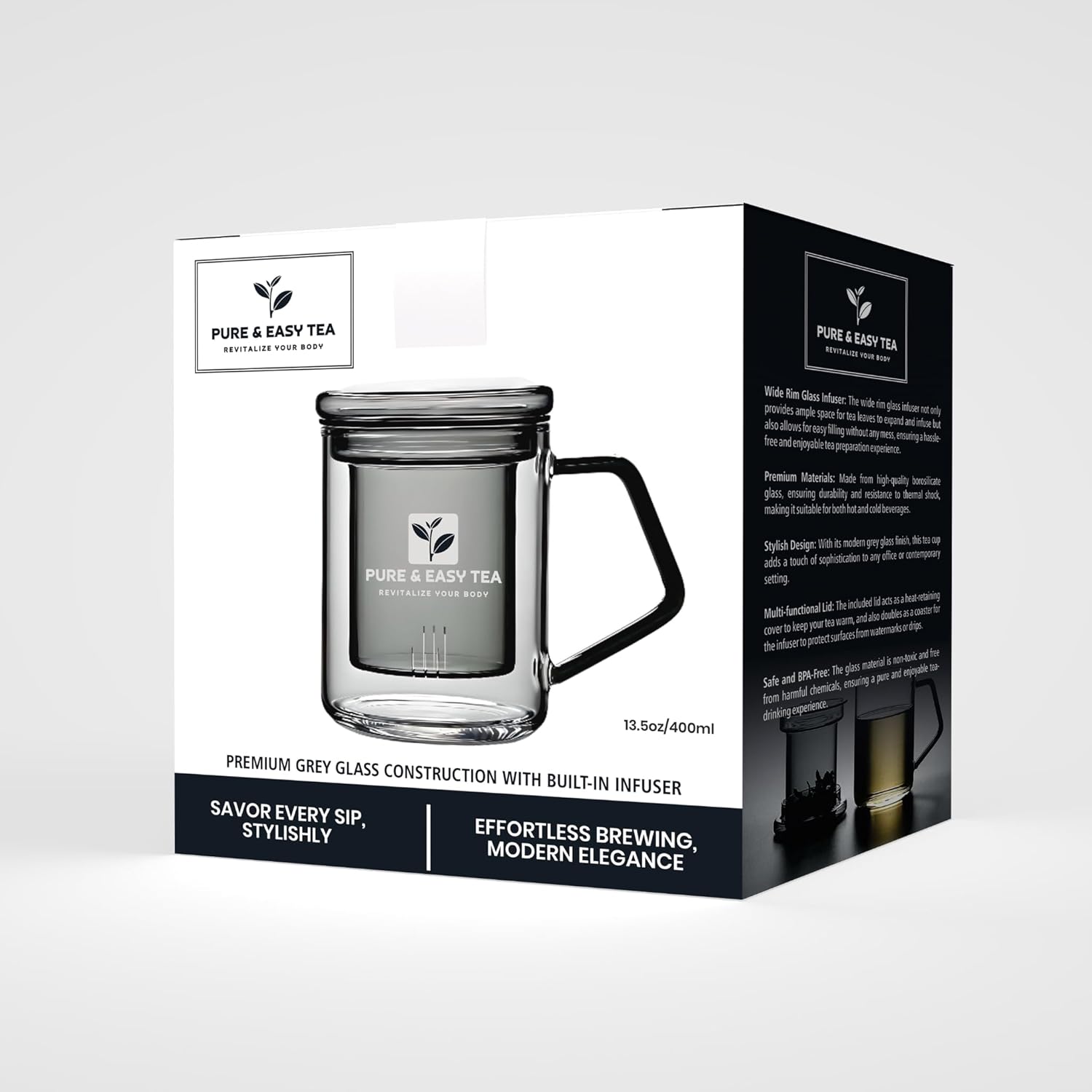Glass Tea Infuser Mug with Lid - Modern Borosilicate Filter Steeping Cup, Plastic-Free, Purest Brew for Loose Leaf Lovers, 400 mL/13.5 oz
