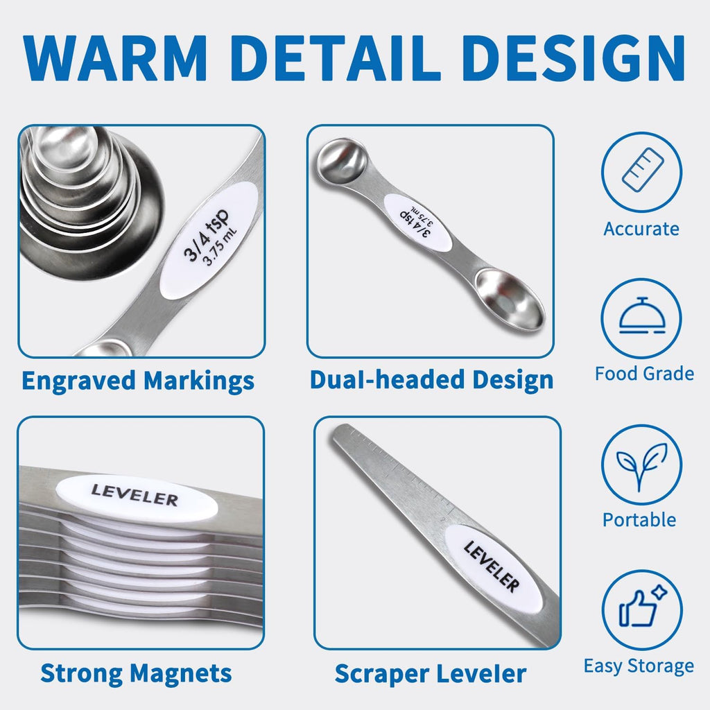 18 Pieces Measuring Cups and Spoons set, Includes 10 Stackable Measuring Cup with Lid and 8 Magnetic Measuring Spoons, for Liquid and Dry Ingredient, BPA Free (White)