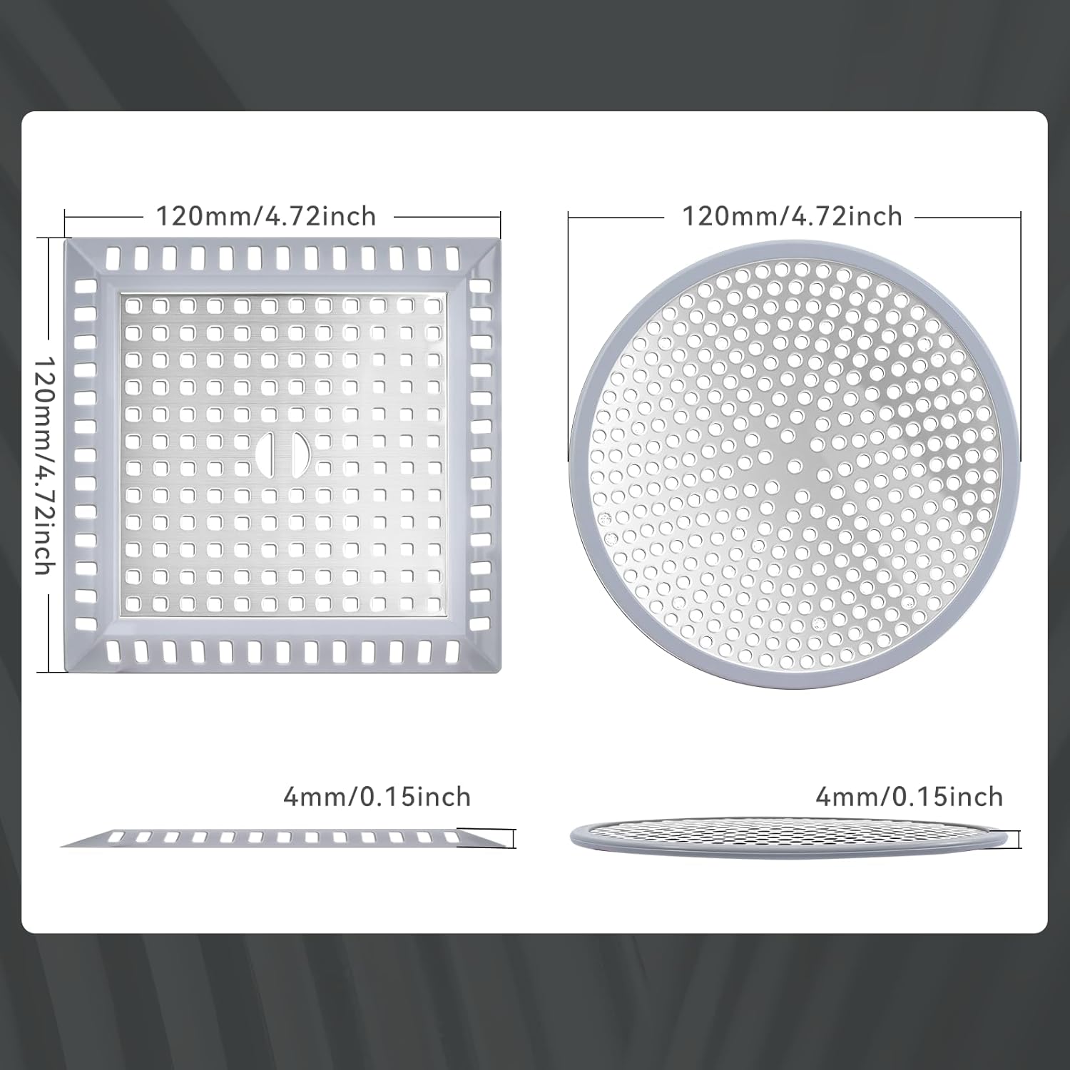 Makerfire 2PCS Shower Drain Hair Catcher, 4.72'', Flat Shower Drain Cover/Filter, Bathroom/Kitchen Sink Drain Strainer, Stainless Steel and Silicone