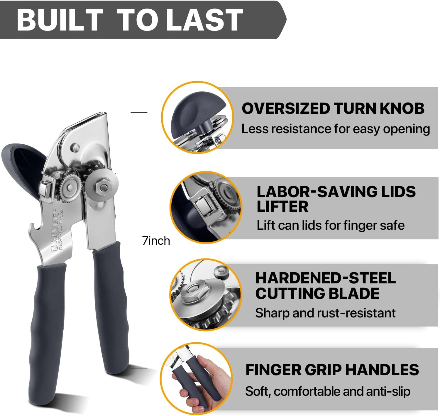 Can Opener Manual Heavy Duty, UHIYEE Hand Held Can Openers for Seniors with Comfort Grip Sharp Blade, Solid Steel Hand Manual Can Open with Magnet for Kitchen Camping, Gray