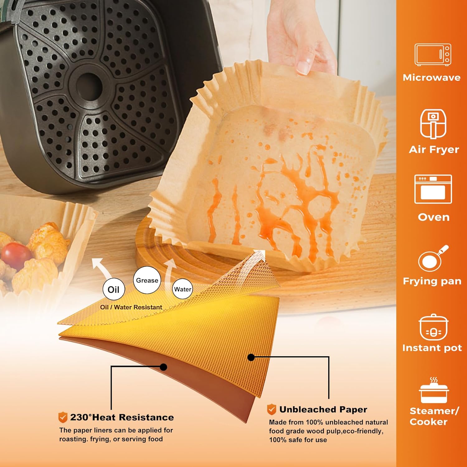 Vailnd Air Fryer Disposable Paper Liners 9inch Square, 125PCS Non-Stick Food Grade Air Fryer Parchment Paper, Oil Resistant & Waterproof Baking Liner for 8-12 QT Air Fryer Oven
