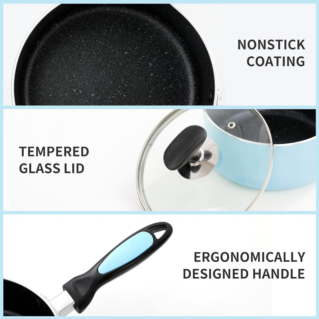 Nonstick Saucepan Set with Lid, Non Stick 1Qt & 2Qt Sauce Pan Set with Glass Lid Small Pot for Home Kitchen