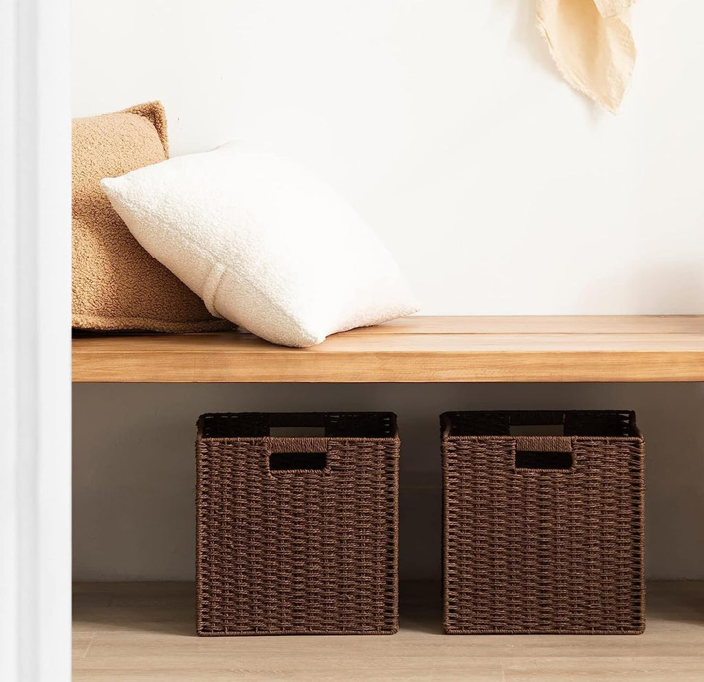 UBBCARE 2 Pack Wicker Basket, 11L×11H×10.5W inch Woven Paper Rope Storage Baskets for shelves, Foldable Cube Storage bin with Handle, Storage Basket for Organizing & Decor, Brown